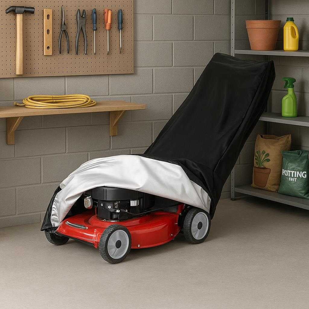 plneklipperbetrk-i-slidstrkt-materiale-beskytter-mod-vejr-og-vind-sort-og-slvfarvet-the-mower-cover-is-elegantly_15234106982787_scene2 Plæneklipperbetræk i slidstærkt materiale - Beskytter mod vejr og vind, sort og sølvfarvet. The mower cover is elegantly draped over a lawnmower stored in a tidy garage, with organized tools and garden supplies around, emphasizing its durability and essential protection against the elements.