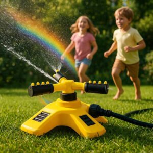 Plænevander med 360° rotation og trekantet base - Effektiv vandingsløsning til haven i høj kvalitet. The yellow and black 360° rotating sprinkler is actively watering a lush garden, casting a rainbow as it spins, with children playing nearby on a sunny day.