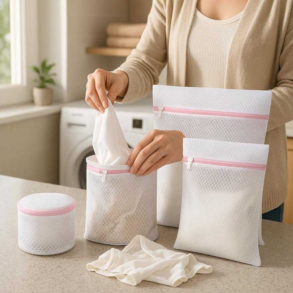 polyester-net-poser-4-stk-polyester-plastik-netk_15387090813315_scene1 Polyester Net Poser - 4 Stk, Polyester, Plastik, Netkonstruktion, Beskytter Tøj: A realistic laundry room setting where the product is properly grounded on a laundry countertop, being actively used by a person sorting delicate clothes into each polyester net bag, with natural light streaming through a nearby window casting realistic shadows and showing clear contact points where the bags touch the countertop.