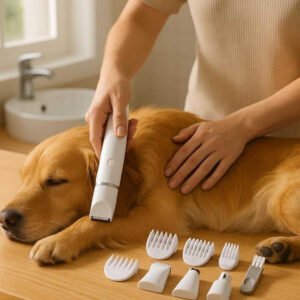 Poteklippemaskine 2i1 til Hunde og Katte - Professionel, Effektiv og Sikker Klipning i Høj Kvalitet: A realistic home grooming setting where the product is properly grounded on a wooden bathroom counter, being actively used by gentle hands to trim the fur of a relaxed golden retriever.