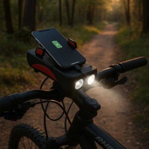 Powerbank til Cykel - Avanceret Opladning med Smartphone Holder og Forlygte: A different realistic rural setting on a peaceful forest trail where the product is securely positioned on the handlebar of a parked mountain bike.