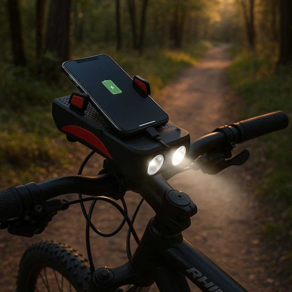 powerbank-til-cykel-avanceret-opladning-med-smar_15061922283907_scene2 Powerbank til Cykel - Avanceret Opladning med Smartphone Holder og Forlygte: A different realistic rural setting on a peaceful forest trail where the product is securely positioned on the handlebar of a parked mountain bike.