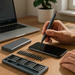 Præcision Skruetrækker Sæt Sølv 25-i-1 - metal, Plastik, Aluminium med Premium Finish: A realistic home office setting where the Præcision Skruetrækker Sæt Sølv 25-i-1 is properly grounded on a wooden desk, being actively used by a person repairing a smartphone.