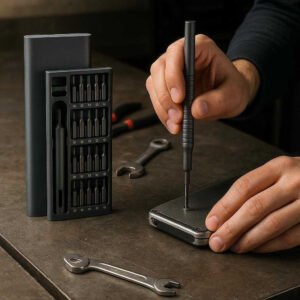 Præcision Skruetrækker Sæt Sølv 25-i-1 - metal, Plastik, Aluminium med Premium Finish: A different realistic workshop setting where the Præcision Skruetrækker Sæt Sølv 25-i-1 is securely positioned on a metal workbench, being used to tighten a screw on a small electronic device.