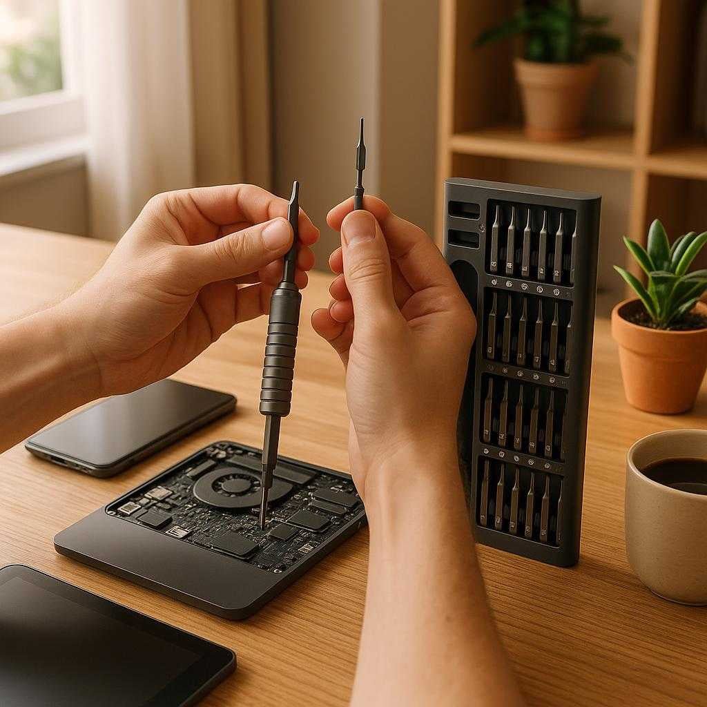 prcisionsskruetrkkerst-moderne-kompakt-design-me_15234070708611_scene1 Præcisionsskruetrækkersæt - Moderne, kompakt design med 24 forskellige bits til præcisionsopgaver: A cozy, well-lit home office where the precision screwdriver set is prominently displayed on a wooden desk next to a partially disassembled laptop.
