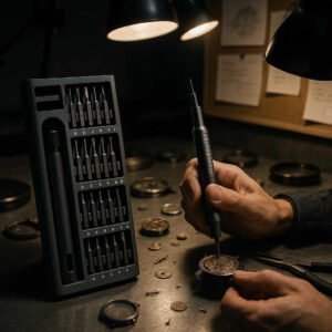 Præcisionsskruetrækkersæt - Moderne, kompakt design med 24 forskellige bits til præcisionsopgaver: A modern workshop with a focus on craftsmanship, where the precision screwdriver set is laid out on a metal workbench amid various watch components.