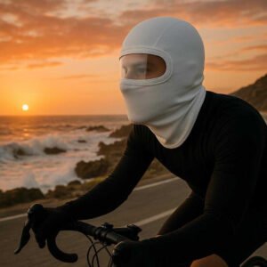 Professionel Balaclava i Hvid, Mørkegrøn, Orange og Sort - Åndbart Design til Alle Årstider. A cyclist with the white balaclava rides along a windy coastal road, with waves crashing against the rocky shore and the sun setting on the horizon.