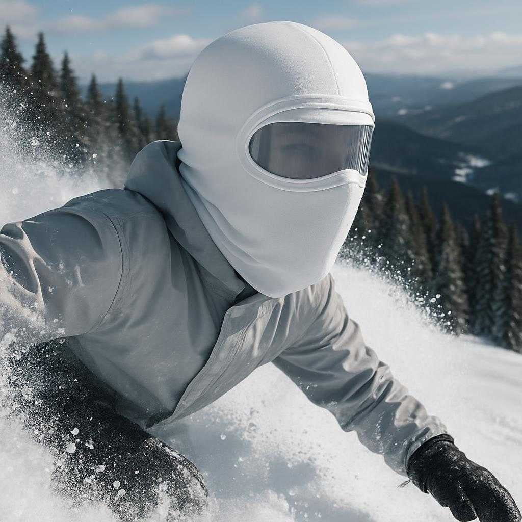 professionel-balaclava-i-hvid-mrkegrn-orange-og-sort-ndbart-design-til-alle-rstider-a-snowboarder-wearing-the-white_15245439009155_scene1 Professionel Balaclava i Hvid, Mørkegrøn, Orange og Sort - Åndbart Design til Alle Årstider. A snowboarder wearing the white balaclava is carving down a snowy mountain, with snow flying up around them and a forested landscape in the background.