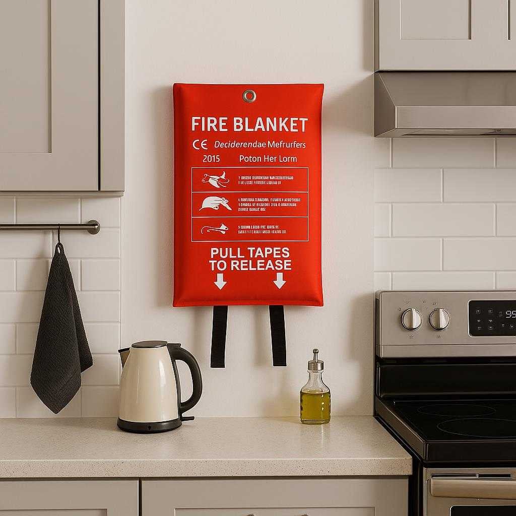 professionel-brandtppe-i-rdt-design-avanceret-brandsikring-120x180cm-med-hj-kvalitet-the-red-fire-blanket-is_15251866911107_scene2_ef1b26dc-6d74-45cb-bf80-d626a99c5e9f Professionel Brandtæppe i Rødt Design - Avanceret Brandsikring 120x180cm med Høj Kvalitet. The red fire blanket is neatly mounted on a wall in a modern kitchen, highlighting its readiness and importance for safety amidst various cooking appliances.