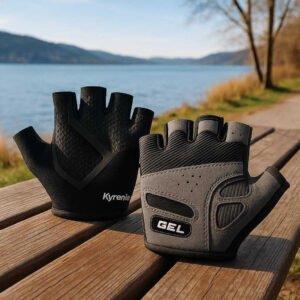 Professionel Cykelhandsker med Gelpuder og Åndbar Pasform til Sommer og Vinterbrug. The stylish cycling gloves rest on a wooden bench beside a scenic lakeside view, illustrating their versatility and comfort for both summer and winter rides.