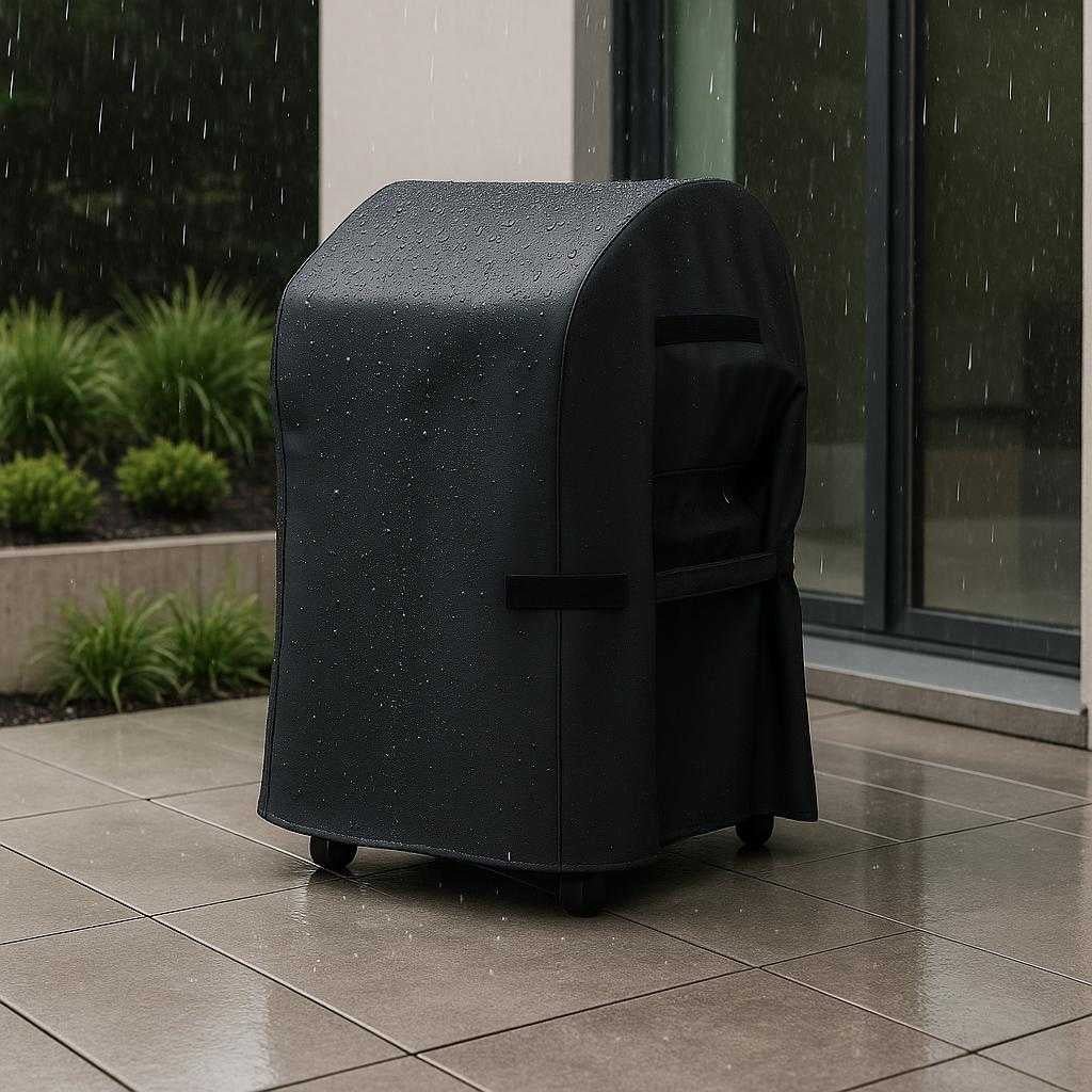 professionel-overtrk-til-grill-vandtt-slidstrkt-og-stilfuldt-i-sort-design-the-waterproof-black-grill-cover_15240360362371_scene1 Professionel Overtræk til Grill - Vandtæt, Slidstærkt og Stilfuldt i Sort Design. The waterproof black grill cover is securely fitted over a sleek barbecue grill on a modern patio, with raindrops beading off the surface during a light drizzle.