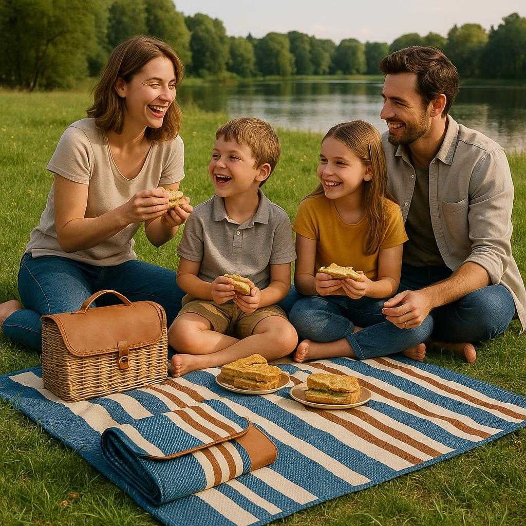 professionel-picnictppe-i-stribet-design-bld-sammenklappelig-og-transportabel-the-striped-picnic-blanket-is_15247778677123_scene1 Professionel Picnictæppe i Stribet Design – Blød, Sammenklappelig og Transportabel. The striped picnic blanket is spread out on a lush green field, surrounded by a happy family enjoying a picnic with a basket, sandwiches, and a picturesque lake in the background.