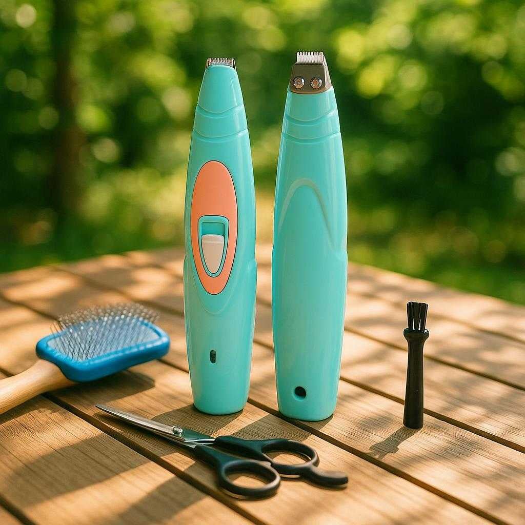 professionel-potetrimmer-til-kledyr-effektiv-og_15061924282755_scene2 Professionel Potetrimmer til Kæledyr - Effektiv og Sikker Elektrisk Trimning med Høj Kvalitet: A different realistic outdoor garden setting where the pet trimmer is securely positioned on a wooden table.