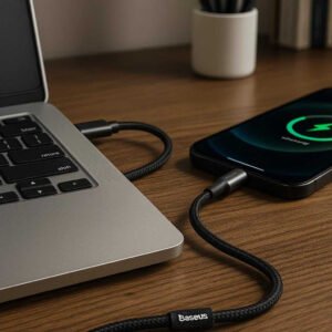 Professionel Usbopladerkabel i Flettet Nylon - Høj Kvalitet Micro-USB, 1M, 2M, 3M: A realistic home office setting where the USB cable is properly grounded on a wooden desk, being actively used to connect a smartphone to a laptop for data transfer.