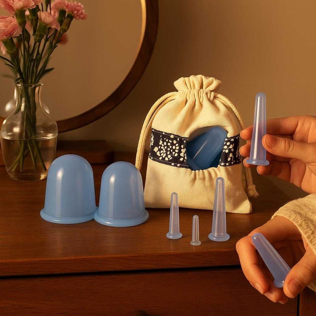 professionelt-cuppingst-til-ansigt-6-silikonekop_15061928771971_scene2 Professionelt Cuppingsæt til Ansigt - 6 Silikonekopper i Lyseblå med Opbevaringspose: A different realistic bedroom vanity setting where the product is securely positioned on a wooden dresser, naturally placed beside a small mirror and a vase of fresh flowers.