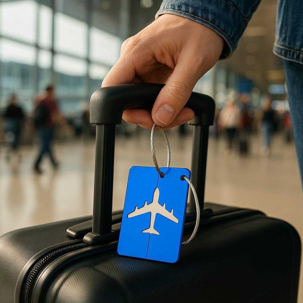 professionelt-rejsemrke-i-aluminium-mrke-bl-lill_15251569148291_scene1 Professionelt Rejsemærke i Aluminium - Mørke Blå, Lilla, Orange, Rød, Sort: A realistic airport setting where the product is properly grounded on a suitcase handle, being actively used by a traveler's hand, with natural lighting casting realistic shadows and showing clear contact points where the product touches the suitcase.