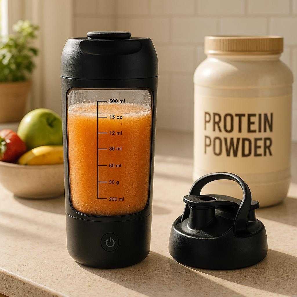 protein-shaker-med-automatisk-mixer-hj-kvalitet-g_15061928608131_scene2 Protein Shaker med Automatisk Mixer – Høj Kvalitet Genopladelig Elektrisk Drikkeflaske i Sort Design: A different realistic kitchen setting where the protein shaker is securely positioned on a countertop, being naturally placed next to a bowl of fresh fruit and a container of protein powder.