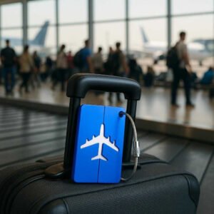 Rejsemærke i Aluminium - Professionelt, Holdbart og Farverigt til Bagage i Mørke Blå, Lilla, Orange, Rød og Sort. The vibrant blue aluminum luggage tag is securely attached to a suitcase handle as it stands on an airport conveyor belt, surrounded by bustling travelers with planes visible through large windows in the background.