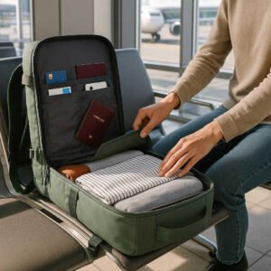 Rejserygsæk i moderne design med flere rum - Tilgængelig i Sort, Grøn og Grå: A realistic airport terminal setting where the travel backpack is properly grounded on a bench, with a person actively packing it with essentials.