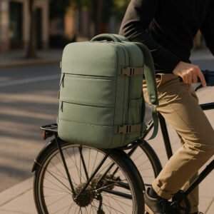Rejserygsæk i moderne design med flere rum - Tilgængelig i Sort, Grøn og Grå: A different realistic urban outdoor setting where the travel backpack is securely positioned on a bicycle rack next to a commuting cyclist.