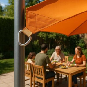 Rektangulært Solsejl Vandtæt UV-beskyttende Overdækning i Orange og Beige - Høj Kvalitet og Holdbarhed: A realistic backyard patio where the product is properly grounded on a metal pole structure, being actively used to provide shade over a wooden outdoor dining table set.