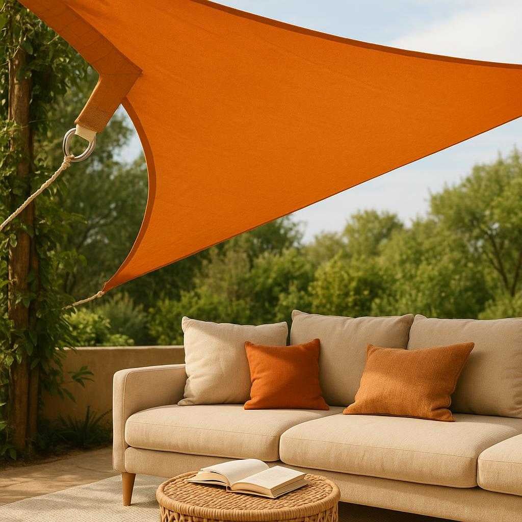 rektangulrt-solsejl-vandtt-uv-beskyttende-overdkning-i-orange-og-beige-hj-kvalitet-og-holdbarhed-a-cozy-outdoor-lounge-area_15251679445379_scene2 Rektangulært Solsejl Vandtæt UV-beskyttende Overdækning i Orange og Beige - Høj Kvalitet og Holdbarhed. A cozy outdoor lounge area with the durable orange and beige sun sail elegantly draped above, providing shade and creating a relaxing spot with cushions and a book on a small table.
