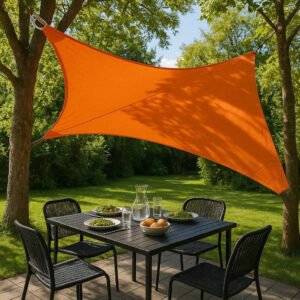Rektangulært Solsejl Vandtæt UV-beskyttende Overdækning i Orange og Beige - Høj Kvalitet og Holdbarhed. The vibrant orange and beige waterproof sun sail is stretched tautly between trees in a sunny backyard, casting a cool shadow over a patio table set for an outdoor lunch.