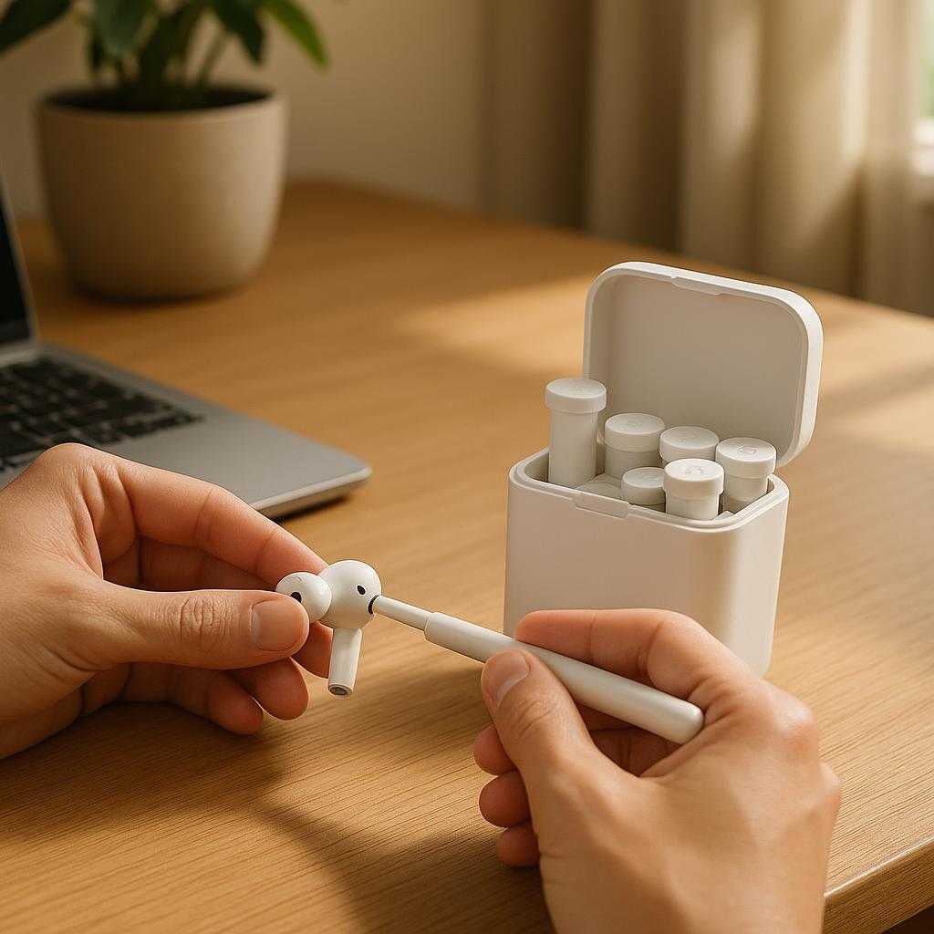 retelefon-rengringsst-i-hvid-og-sort-plastik-met_15378300076419_scene1 Øretelefon Rengøringssæt i Hvid og Sort - Plastik, metal, Modulopbygget: A realistic home office setting where the Øretelefon Rengøringssæt is properly grounded on a wooden desk, being actively used by a person's hands to clean a pair of wireless earbuds.