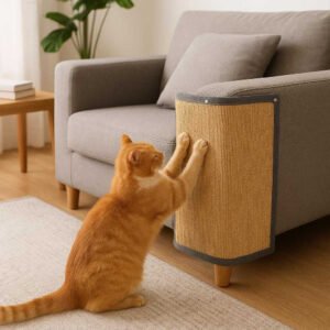 Ridsebeskyttelse til bilhåndtag – Gennemsigtige film mod ridser og neglemærker i forskellige størrelser: A realistic living room setting where the product is properly grounded on the arm of a modern sofa, being actively used by a cat scratching it.