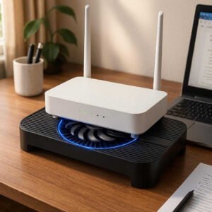 Router Radiator Z-X3 Sort - Forbedret Routerydelse, God Kvalitet: A realistic home office setting where the Router Radiator Z-X3 Sort is properly grounded on a wooden desk, actively used with a wireless router placed on top.
