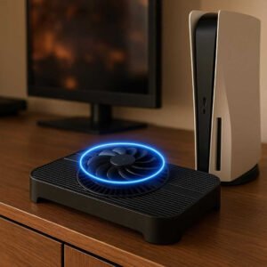 Router Radiator Z-X3 Sort - Forbedret Routerydelse, God Kvalitet: A different realistic living room setting where the Router Radiator Z-X3 Sort is securely positioned on a media console next to a gaming console and television.