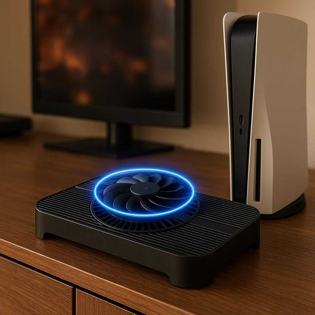 router-radiator-z-x3-sort-forbedret-routerydelse_15378295030147_scene2 Router Radiator Z-X3 Sort - Forbedret Routerydelse, God Kvalitet: A different realistic living room setting where the Router Radiator Z-X3 Sort is securely positioned on a media console next to a gaming console and television.