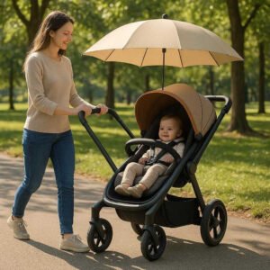 Rullebord 'Paraply' = 'Paraply' i metal, Tekstil og Plastik - Beskytter mod Sol, Komfortabel Siddeplads - Pink, Beige, Tågeblå, Grøn: A realistic park setting where the stroller with the umbrella attachment is properly grounded on a smooth park pathway, being actively used by a parent walking their child, with natural sunlight filtering through trees, casting realistic shadows and showing clear contact points where the wheels touch the ground.