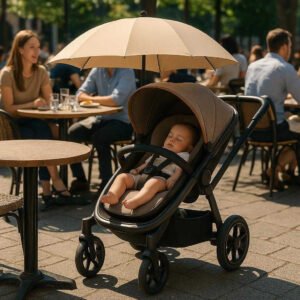 Rullebord 'Paraply' = 'Paraply' i metal, Tekstil og Plastik - Beskytter mod Sol, Komfortabel Siddeplads - Pink, Beige, Tågeblå, Grøn: A different realistic setting of a sunny outdoor cafe where the stroller with umbrella is securely positioned next to a table, with the umbrella providing shade to a child peacefully napping inside, surrounded by people enjoying their meals, with proper physics, shadows, and realistic integration into the lively environment.