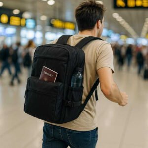 Rygsæk med stor kapacitet og flere rum - Ideel til rejser, skole og arbejde - Tilgængelig i 5 farver: A bustling airport terminal where the backpack is accurately integrated, being carried by a traveler rushing to catch a flight.
