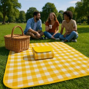 Sammenfoldeligt Picnictæppe med Bærehåndtag i Gul og Rød - Høj Kvalitet og Funktionelt Design. The yellow and red checkered picnic blanket is spread out on lush green grass at a vibrant park, with a picnic basket and friends enjoying a sunny afternoon around it.