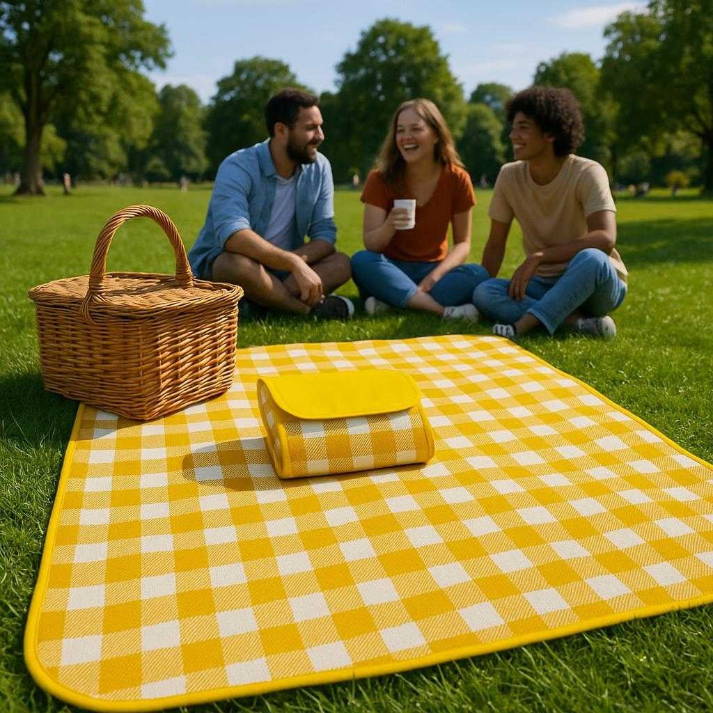sammenfoldeligt-picnictppe-med-brehndtag-i-gul-og-rd-hj-kvalitet-og-funktionelt-design-the-yellow-and-red-checkered_15247760753027_scene1 Sammenfoldeligt Picnictæppe med Bærehåndtag i Gul og Rød - Høj Kvalitet og Funktionelt Design. The yellow and red checkered picnic blanket is spread out on lush green grass at a vibrant park, with a picnic basket and friends enjoying a sunny afternoon around it.