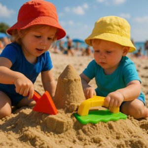 Sandformssæt i farverne rød, gul og grøn - Ideel til kreativ leg i sandkassen eller på stranden. Children eagerly use the vibrant red, yellow, and green sand tools to shape a sandcastle in a bustling beach setting, surrounded by families enjoying the sun.