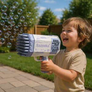 Sæbeboble pistol med 69 huller og LED-lys - Perfekt til udendørs leg og fester: A realistic backyard setting where the bubble gun is properly grounded in the hands of a child, joyfully shooting bubbles into the air during a sunny afternoon, with natural lighting casting realistic shadows and clear contact points on the patio surface.