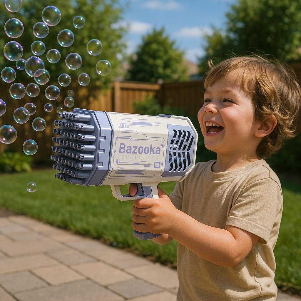 sbeboble-pistol-med-69-huller-og-led-lys-perfekt_15061935522179_scene1 Sæbeboble pistol med 69 huller og LED-lys - Perfekt til udendørs leg og fester: A realistic backyard setting where the bubble gun is properly grounded in the hands of a child, joyfully shooting bubbles into the air during a sunny afternoon, with natural lighting casting realistic shadows and clear contact points on the patio surface.