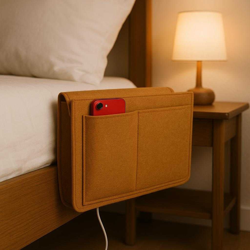 sengeopbevaring-i-filt-med-lommer-praktisk-og-elegant-i-brun-lysegr-sort-the-elegant-brown-felt-bedside_15246936932739_scene1 Sengeopbevaring i Filt med Lommer - Praktisk og Elegant i Brun, Lysegrå, Sort. The elegant brown felt bedside storage organizer is neatly attached to a bedframe, holding a red phone and a charging cable, with a cozy lamp-lit bedroom setting in the background.