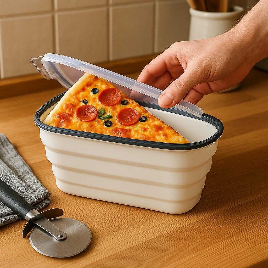 silikone-pizza-opbevaringsbeholder-hvid-plastik_15387091075459_scene1 Silikone Pizza Opbevaringsbeholder - Hvid, Plastik, Silikone, Gennemsigtigt Låg, Pladsbesparende: A realistic kitchen setting where the Silikone Pizza Opbevaringsbeholder is properly grounded on a wooden kitchen counter, being actively used by a person's hand to place a fresh slice of pizza inside.