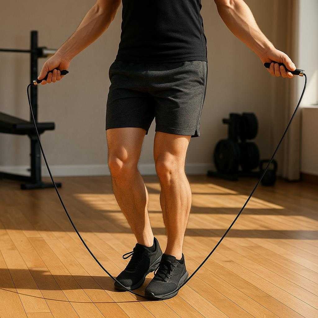 sjippetov-med-ergonomiske-hndtag-justerbar-lngde-o_15251584450947_scene1 Sjippetov med Ergonomiske Håndtag, Justerbar Længde og Høj Kvalitet til Crossfit og Børn: A realistic home gym setting where the product is properly grounded on a wooden floor, being actively used by a person in athletic wear performing jump rope exercises.