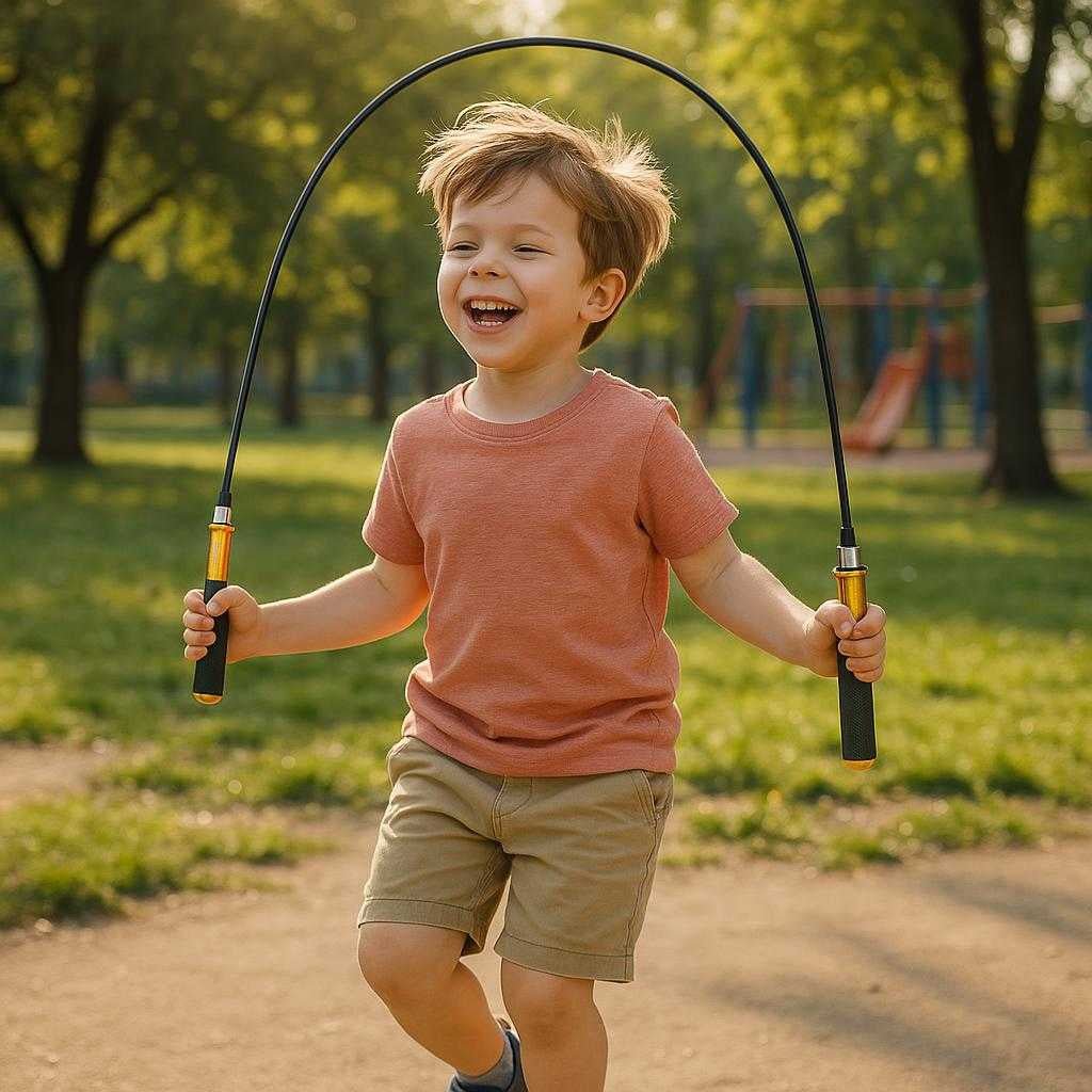 sjippetov-med-ergonomiske-hndtag-justerbar-lngde-og-hj-kvalitet-til-crossfit-og-brn-a-young-child-joyfully-uses_15251584450947_scene2 Sjippetov med Ergonomiske Håndtag, Justerbar Længde og Høj Kvalitet til Crossfit og Børn. A young child joyfully uses the adjustable jump rope with comfortable ergonomic handles in a sunny park setting, surrounded by trees and playground equipment.