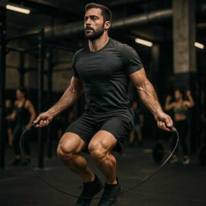 Sjippetov med Ergonomiske Håndtag, Justerbar Længde og Høj Kvalitet til Crossfit og Børn. The jump rope with ergonomic handles is mid-motion as a person uses it during an intense CrossFit workout in a bustling gym environment.