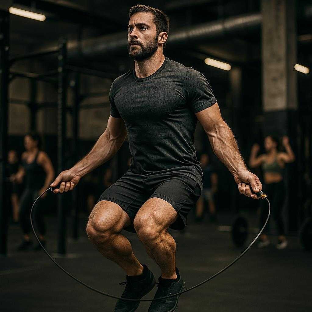 sjippetov-med-ergonomiske-hndtag-justerbar-lngde-og-hj-kvalitet-til-crossfit-og-brn-the-jump-rope-with-ergonomic_15251584450947_scene1 Sjippetov med Ergonomiske Håndtag, Justerbar Længde og Høj Kvalitet til Crossfit og Børn. The jump rope with ergonomic handles is mid-motion as a person uses it during an intense CrossFit workout in a bustling gym environment.