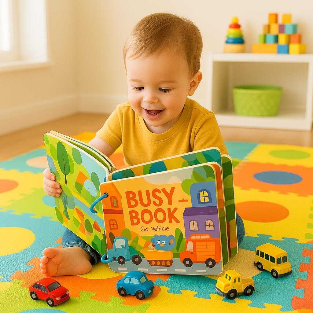 sjov-og-lrerig-aktivitetsbog-til-brn-oplev-verden-af-kretjer-i-farverige-illustrationer-a-child-sits-on-a_15238167986563_scene1 Sjov og lærerig aktivitetsbog til børn - Oplev verden af køretøjer i farverige illustrationer. A child sits on a colorful play mat eagerly flipping through the 'Sjov og lærerig aktivitetsbog til børn - Oplev verden af køretøjer i farverige illustrationer' surrounded by toy cars and trucks, illustrating a fun learning moment in a bright playroom.