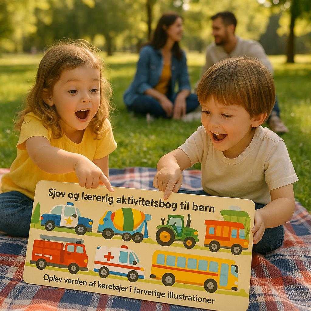 sjov-og-lrerig-aktivitetsbog-til-brn-oplev-verden-af-kretjer-i-farverige-illustrationer-the-sjov-og-lrerig-aktivitetsbog_15238167986563_scene2 Sjov og lærerig aktivitetsbog til børn - Oplev verden af køretøjer i farverige illustrationer. The 'Sjov og lærerig aktivitetsbog til børn - Oplev verden af køretøjer i farverige illustrationer' lies open on a picnic blanket in a sunny park, with children pointing excitedly at the vivid vehicle illustrations as parents engage in the background.