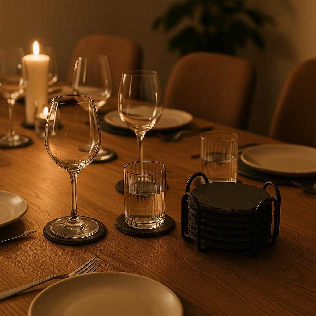 skiferbordsknere-i-sort-stlholder-hj-kvalitet-st-af-6-med-rustik-finish-a-cozy-dining-room-table_15243749425539_scene1 Skiferbordskånere i Sort Stålholder - Høj Kvalitet Sæt af 6 med Rustik Finish. A cozy dining room table set for a dinner party displays the Skiferbordskånere coasters in use, protecting the wooden surface from a beautifully arranged set of wine glasses and water tumblers, with ambient lighting casting gentle shadows.