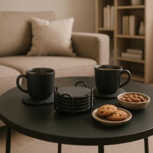 Skiferbordskånere i Sort Stålholder - Høj Kvalitet Sæt af 6 med Rustik Finish. The Skiferbordskånere coasters are styled elegantly on a modern coffee table, holding steaming cups of coffee and assortments of snacks, with a soft sofa and a bookshelf in the background showcasing a relaxing living room atmosphere.